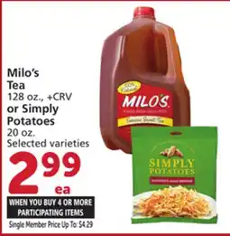 Vons Milo's Tea 128 oz., or Simply Potatoes 20 oz offer