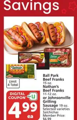 Vons Ball Park Beef Franks 15 oz. Nathan's Beef Franks 11-12 oz. or Johnsonville Grilling Sausage 19 oz offer