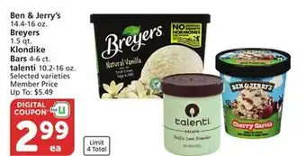Vons Ben & Jerry's 14.4-16 oz. Breyers 1.5 qt. Klondike Bars 4-6 ct. talenti 10.2-16 oz offer
