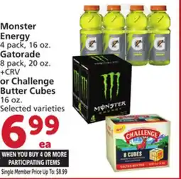 Vons Monster Energy 4 pack, 16 oz. Gatorade 8 pack, 20 oz. + CRV or Challenge Butter Cubes 16 oz offer