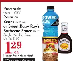 Pavilions Powerade 28 oz., + CRV Rosarita Beans 15-16 oz. or Sweet Baby Ray's Barbecue Sauce 18 oz offer