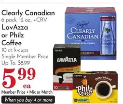 Pavilions Clearly Canadian 6 pack, 12 oz., + CRV LavAzza or Philz Coffee 10 ct. k-cups offer