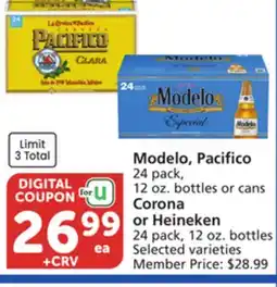 Albertsons Modelo, Pacifico 24 pack, 12 oz. bottles or cans Corona or Heineken 24 pack, 12 oz. bottles offer