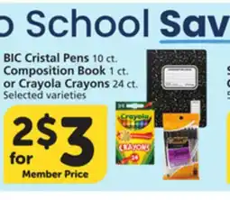 Pavilions BIC Cristal Pens 10 ct. Composition Book 1 ct. or Crayola Crayons 24 ct offer