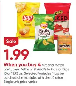 Stater Bros Lay's, Lay's Kettle or Baked 5 to 8 oz. or Dips 15 or 15.75 oz offer