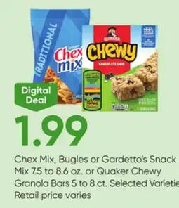 Stater Bros Chex Mix, Bugles or Gardetto's Snack Mix 7.5 to 8.6 oz. or Quaker Chewy Granola Bars 5 to 8 ct offer