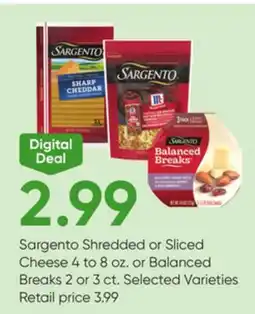 Stater Bros Sargento Shredded or Sliced Cheese 4 to 8 oz. or Balanced Breaks 2 or 3 ct offer