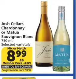Albertsons Josh Cellars Chardonnay or Matua Sauvignon Blanc offer
