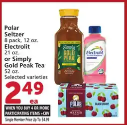 Albertsons Polar Seltzer 8 pack, 12 oz. Electrolit 21 oz. or Simply Gold Peak Tea 52 oz offer