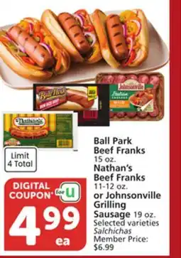 Albertsons Ball Park Beef Franks 15 oz. Nathan's Beef Franks 11-12 oz. or Johnsonville Grilling Sausage 19 oz offer