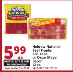 Albertsons Hebrew National Beef Franks 9.43-12 oz. or Oscar Mayer Bacon 12 oz offer