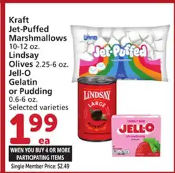 Albertsons Kraft Jet-Puffed Marshmallows 10-12 oz. Lindsay Olives 2.25-6 oz. Jell-O Gelatin or Pudding 0.6-6 oz offer