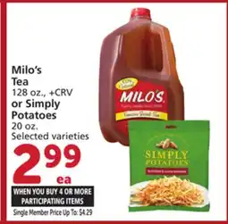 Albertsons Milo's Tea 128 oz., +CRV or Simply Potatoes 20 oz offer