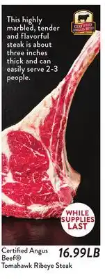 Fresh Thyme Certified Angus Beef Tomahawk Ribeye Steak offer