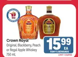 Tony’s Fresh Market Crown Royal Original, Blackberry, Peach or Regal Apple Whiskey offer