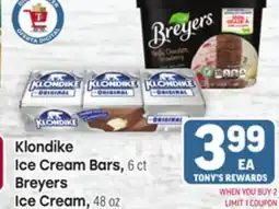 Tony’s Fresh Market Klondike Ice Cream Bars, 6 ct Breyers Ice Cream, 48 oz offer