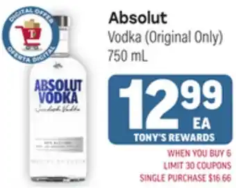 Tony’s Fresh Market Absolut Vodka (Original Only) offer