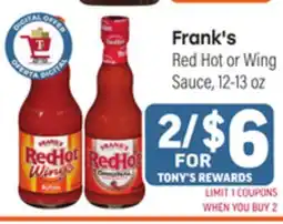 Tony’s Fresh Market Frank's Red Hot or Wing Sauce offer