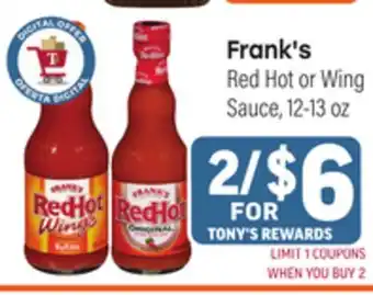 Tony’s Fresh Market Frank's Red Hot or Wing Sauce offer