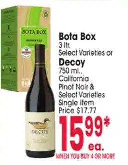 Jewel-Osco Bota Box 3 ltr. or Decoy 750 ml., California Pinot Noir offer