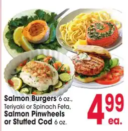 Jewel-Osco Salmon Burgers 6 oz., Teriyaki or Spinach Feta, Salmon Pinwheels or Stuffed Cod 6 oz offer