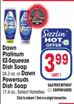 Jewel-Osco Dawn Platinum EZ-Squeeze Dish Soap 24.3 oz. or Dawn Powersuds Dish Soap 17.4 oz offer