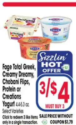 Jewel-Osco Fage Total Greek, Creamy Dreamy, Chobani Flips, Protein or Creations Yogurt offer