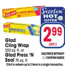Jewel-Osco Glad Cling Wrap 200 sq. ft. or Glad Press'N Seal 70 sq. ft offer