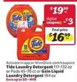 Winn Dixie Tide Laundry Detergent or Gain Liquid Laundry Detergent offer