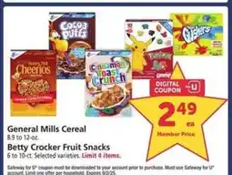 Safeway General Mills Cereal & Betty Crocker Fruit Snacks offer