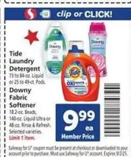 Safeway Tide Laundry Detergent / Downy Fabric Softener offer
