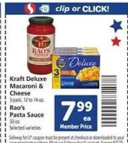 Safeway Kraft Deluxe Macaroni & Cheese / Rao's Pasta Sauce offer