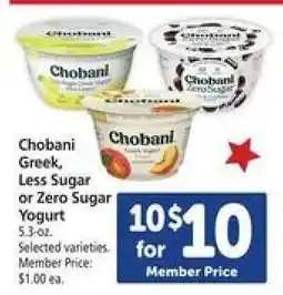 Safeway Chobani Greek, Less Sugar or Zero Sugar Yogurt offer