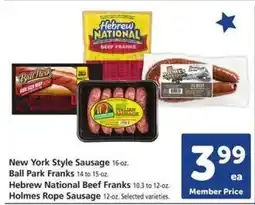 Safeway New York Style Sausage, Ball Park Franks, Hebrew National Beef Franks, Holmes Rope Sausage offer