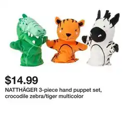 Ikea NATTHÄGER 3-piece hand puppet set, crocodile zebra/tiger multicolor offer
