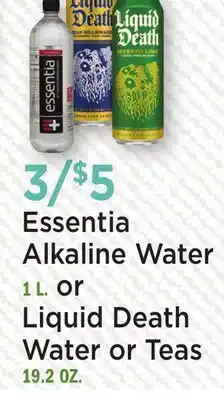 Heinen's Essentia Alkaline Water 1 L. or Liquid Death Water or Teas 19.2 OZ offer