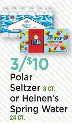 Heinen's Polar Seltzer 8 CT. or Heinen's Spring Water 24 CT offer