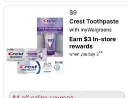 Walgreens Crest Toothpaste offer