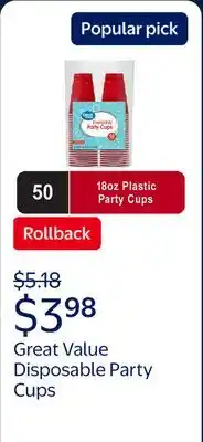 Walmart Great Value Everyday Disposable Plastic Party Cups, Red, 18 oz, 50 Count offer