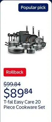 Walmart T-fal Easy Care, 20 Piece Non-Stick Pots and Pans Cookware Set, Grey offer