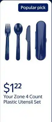 Walmart Your Zone 4 Count Blue Plastic Utensil Set with Fork, Spoon, Knife, and Travel Container offer