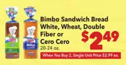 Vallarta Supermarkets Bimbo Sandwich Bread White, Wheat, Double Fiber or Cero Cero offer