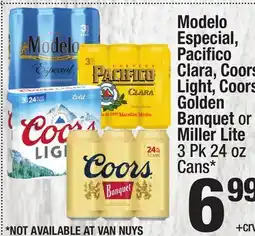 Super King Markets Modelo Especial, Pacifi co Clara, Coors Light, Coors Golden Banquet or Miller Lite 3 Pk 24 oz Cans offer