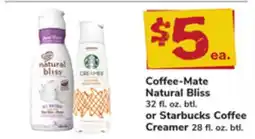 ACME Coffee-Mate Natural Bliss 32 fl. oz. btl. or Starbucks Coffee Creamer 28 fl. oz. btl offer