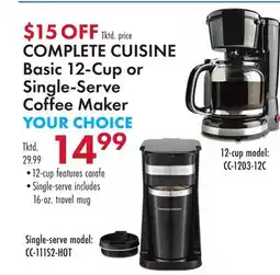 Boscov's COMPLETE CUISINE Basic 12-Cup or Single-Serve Coffee Maker offer