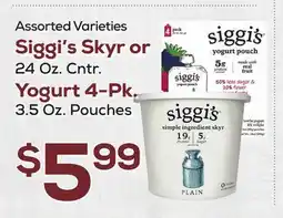 DeCicco & Sons Siggi's Skyr or 24 Oz. Cntr. Yogurt 4-Pk 3.5 Oz. Pouches offer