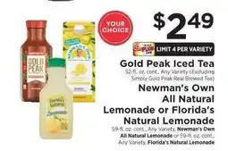 ShopRite Gold Peak Iced Tea, Newman's Own All Natural Lemonade or Florida's Natural Lemonade offer