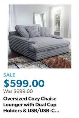 Sam's Club Oversized Cozy Chaise Lounger with Dual Cup Holders & USB/USB-C Charging Ports (65.5 x 64 x 37) offer