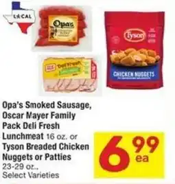 Albertsons Opa's smoked sausage, oscar mayer family pack deli fresh lunchmeat or tyson breaded chicken nuggets or patties offer