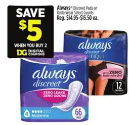 Dollar General Always Discreet Pads or Underwear offer
